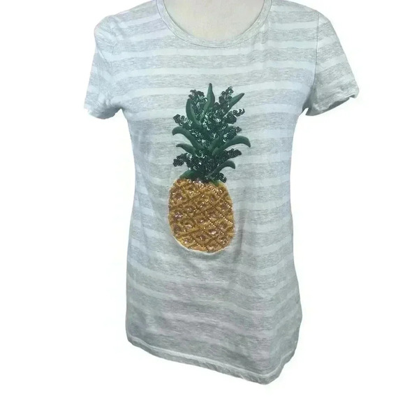 Banana Republic gray striped t-shirt with sequin pineapple on front size med - Picture 2 of 9